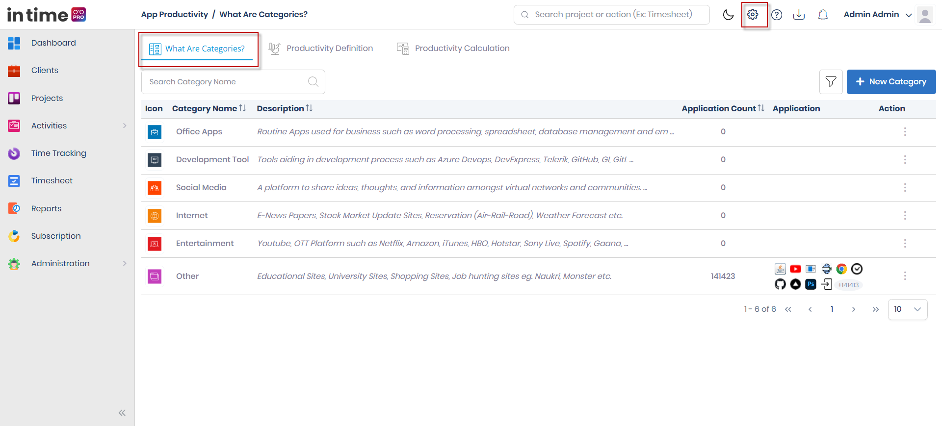 Categories tab with the list of categories, the New Category action, and row actions (Edit, View, Delete)